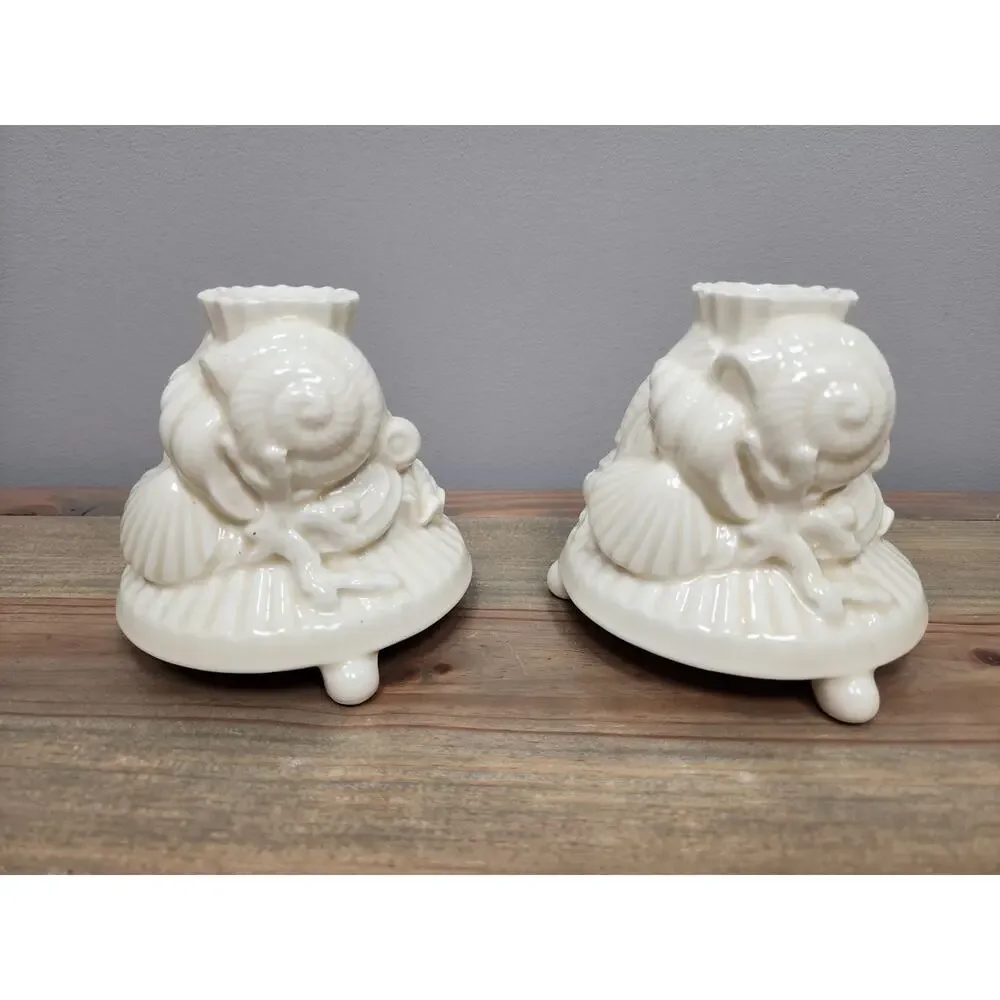 Vintage Shafford Japan 1989 Candlestick Holder Set Shells Coastal Ivory